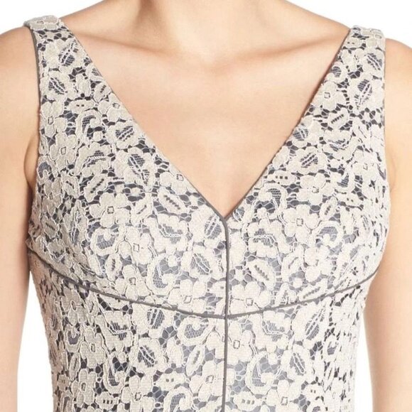 Vera Wang Lace Maxi Dress Beige Gray Piped V-Neck Formal Gown Womens 12 NWT - Picture 7 of 15